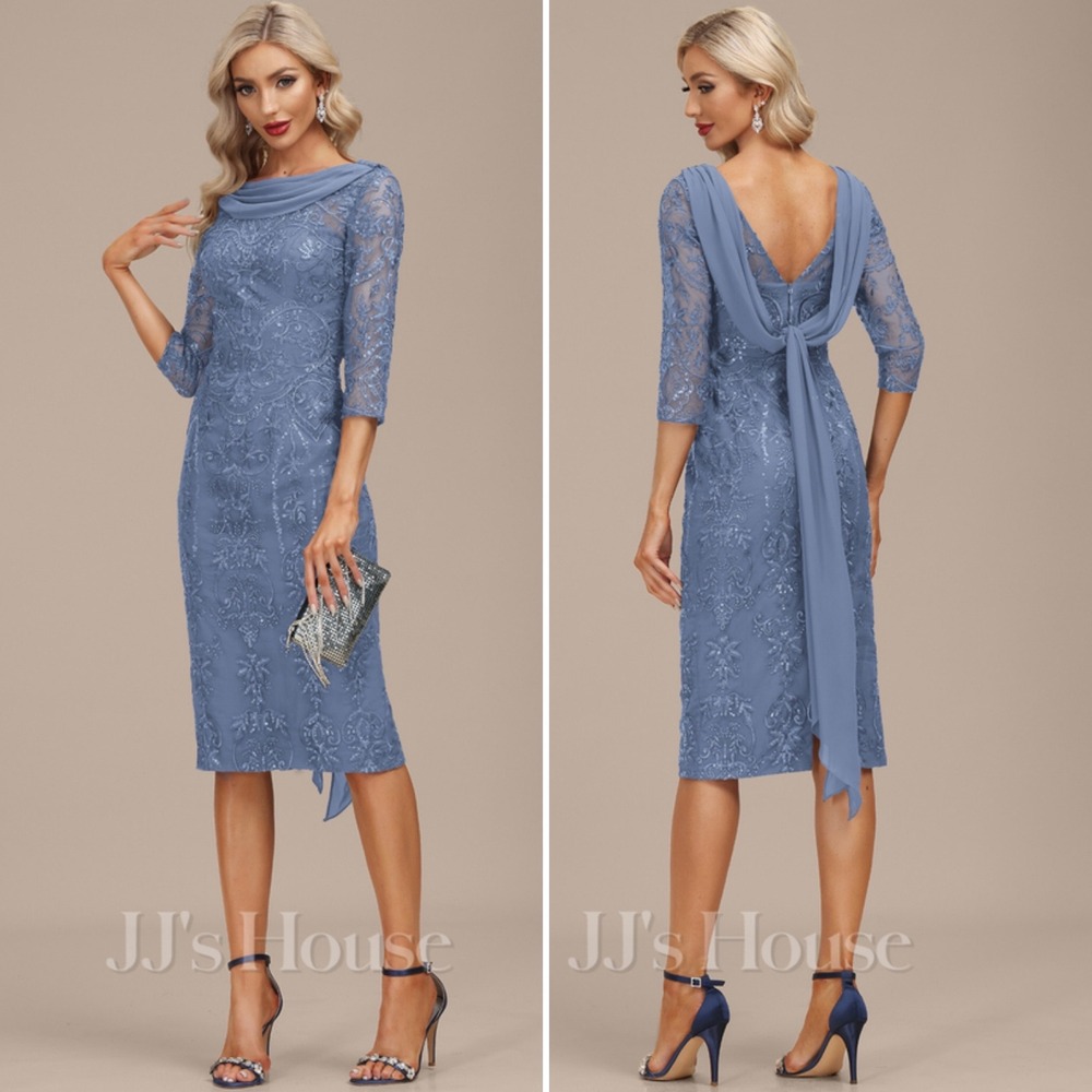 NWT JJ's House Jostelle Slate Blue Sequin Sheath Dress Cowl Neck Back Sash 12
